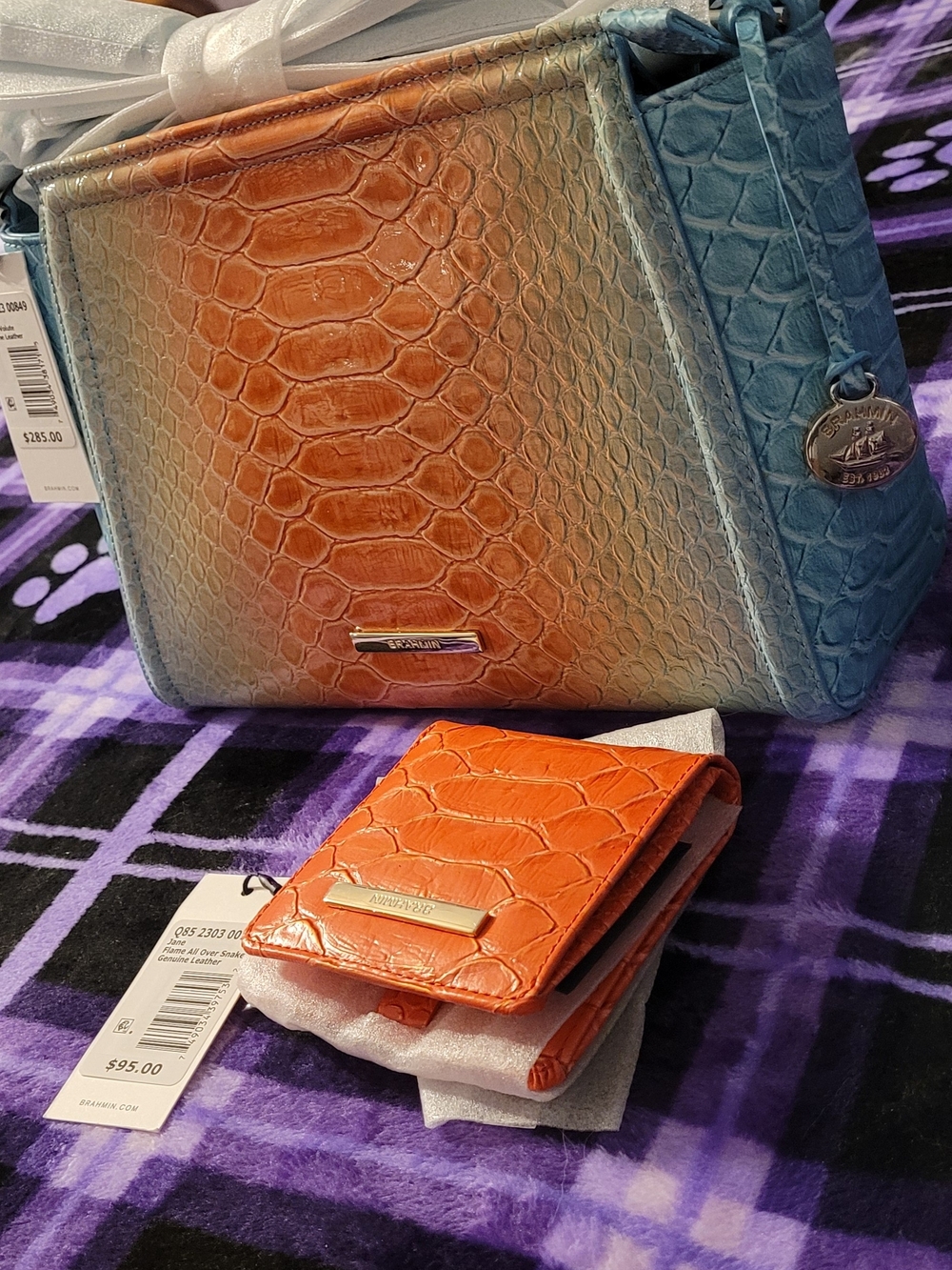 Brahmin Ombre Croc-Embossed Satchel in Blue & Orange
